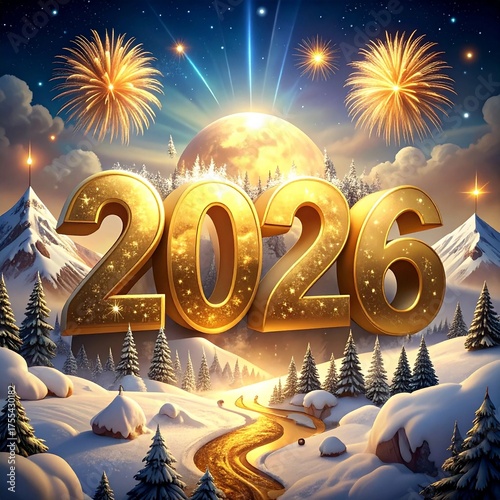 Golden 2026 New Year's Eve Celebration with Fireworks in a Snowy Winter Landscape