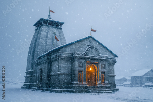 Cinematic shot of Kedarnath Shiva temple with snow mountain, Snow season view of kedarnath temple	
