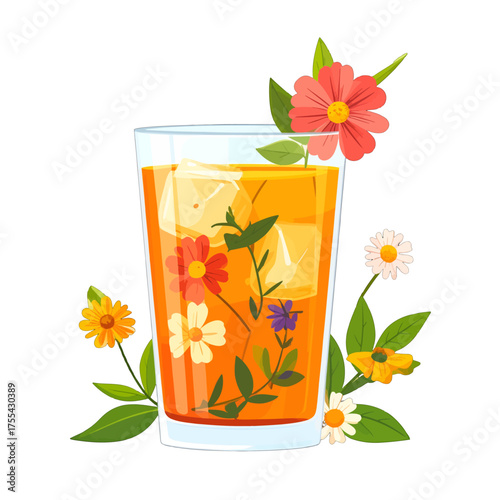 Refreshing Orange Beverage with Ice Cubes Adorned by Colorful Flowers Illustration on White Background