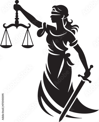 Lady justice isolated on white background holding scales and sword in silhouette