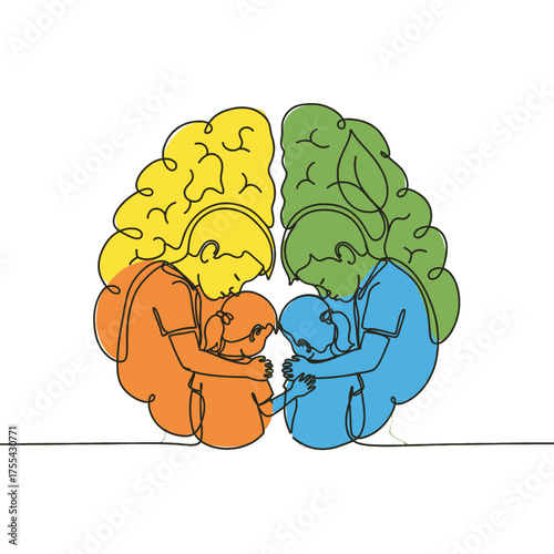 Brain Lobes with Children Illustration in Yellow Green Blue and Orange Colors