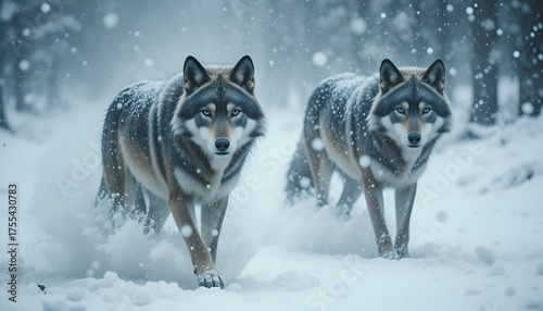 Two Wolves Walking Through Blizzard with Snow Swirling and Cinematic Lighting