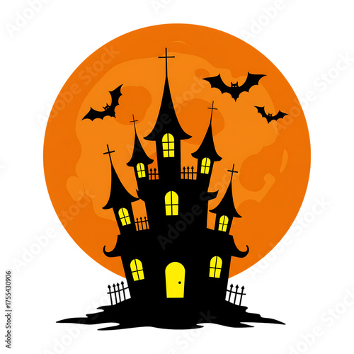 Spooky haunted house with bats flying orange full moon halloween night scene dark castle design