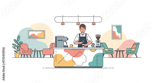 Barista Prepares Beverages In A Cozy Coffee Shop With Stylish Interior Design