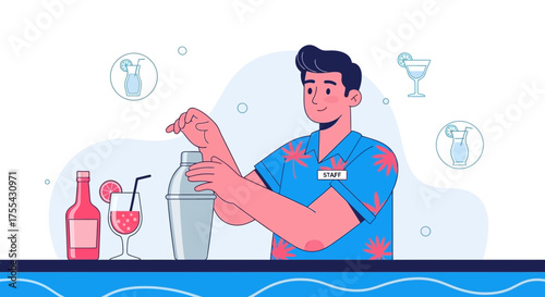 Bartender Crafting Cocktail With Shaker and Bar Items Illustration Design