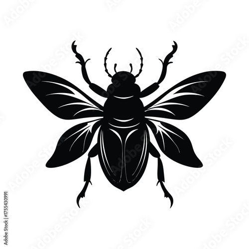 vector illustration of a black beetle. Silhouette of a beetle flying with open wings