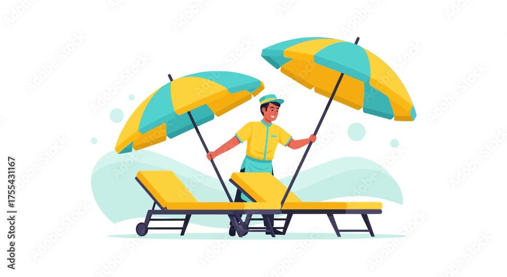 Fototapeta premium Beach Attendant Arranging Sunny Chaise Lounges With Umbrellas For Ultimate Relaxation