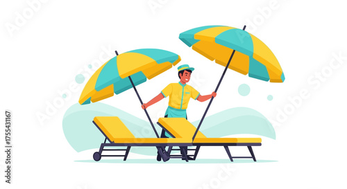 Beach Attendant Arranging Sunny Chaise Lounges With Umbrellas For Ultimate Relaxation
