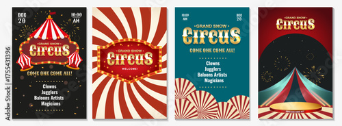 A set of vector posters for a circus performance. Vintage style, bright elements, and information about the show. Perfect for announcing the performance!