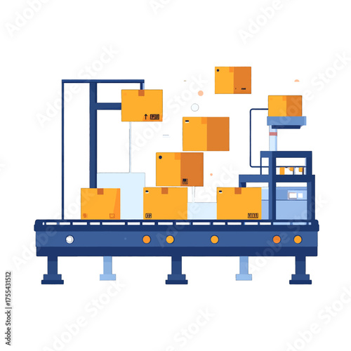 Automated Conveyor System with Cardboard Boxes in Light Blue and White Scheme on a White Background Digital Illustration