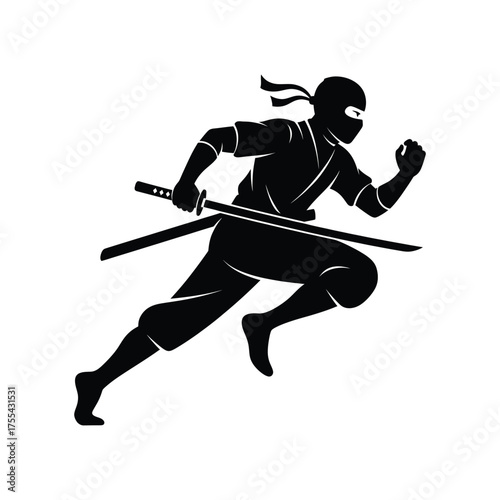 Silhouette of a ninja running with a sword warrior assassin