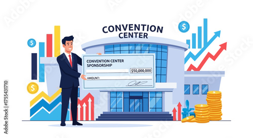 Business Executive Presenting Convention Center Sponsorship Check Achieving  Economic Growth And