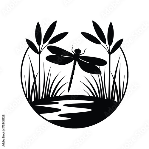 vector illustration of an abstract background. Silhouette of a dragonfly hovering over a pond vector image-01