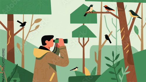Illustration Of Person Birdwatching With Binoculars In A Nature Reserve, With Various Birds In Trees Vector Design Template
