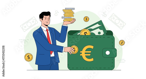 Successful Businessman Managing Currency, Euro, and Dollar Finances in Modern Digital Illustration