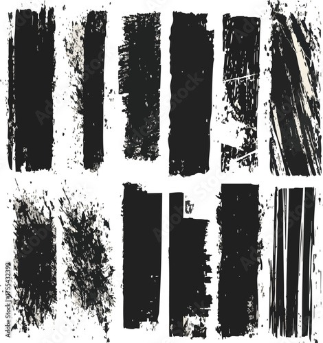 Collection of distressed black ink rectangle shapes on a light beige background