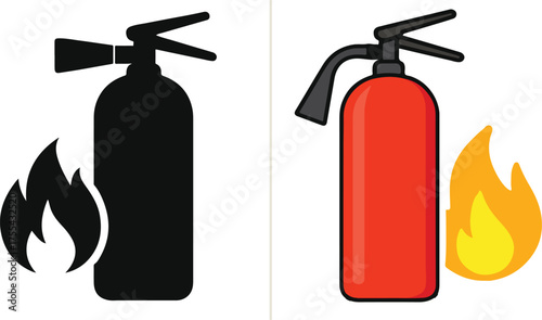 Fire extinguisher icons with flames safety equipment and firefighting symbol pair