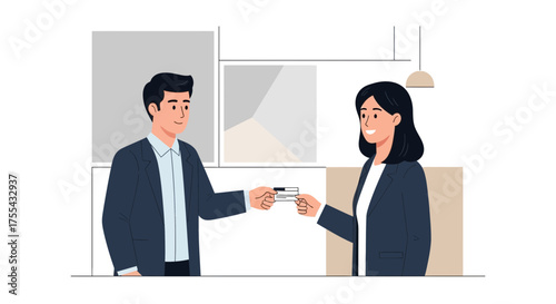 Businessman And Businesswomen Exchanging Plastic Card In An Office Environment