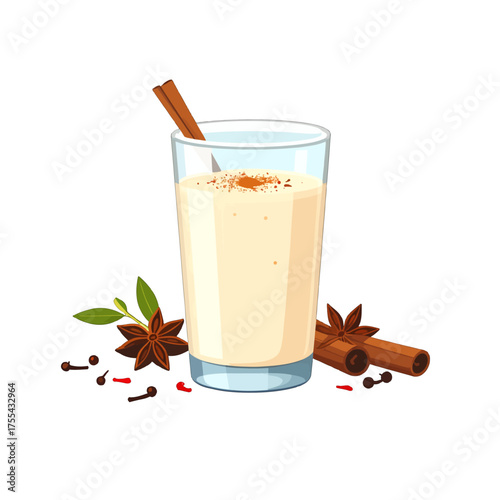 Pixel Art Illustration of Creamy Eggnog with Cinnamon Sticks and Star Anise Against a Plain White Background