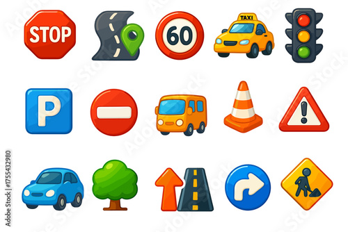 Travel and traffic icons set in cartoon vector design