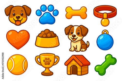 Dog and equipment icons set in cartoon vector design