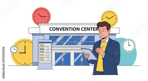 Businessman Checking Event Time Inside A Convention Center With Clocks In The Background