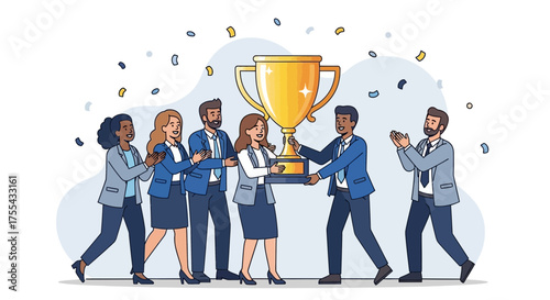 Team Celebrating Success, Award Ceremony with Confetti and Golden Trophy Winner Receiving.