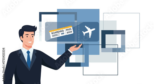 Businessman Presenting Travel Concept With Airplane Ticket And Flight Icon In Minimalist Style