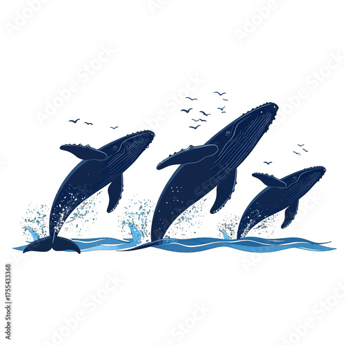 Pixel Art of Three Whales Leaping From the Water with Bird Silhouettes on a White Background
