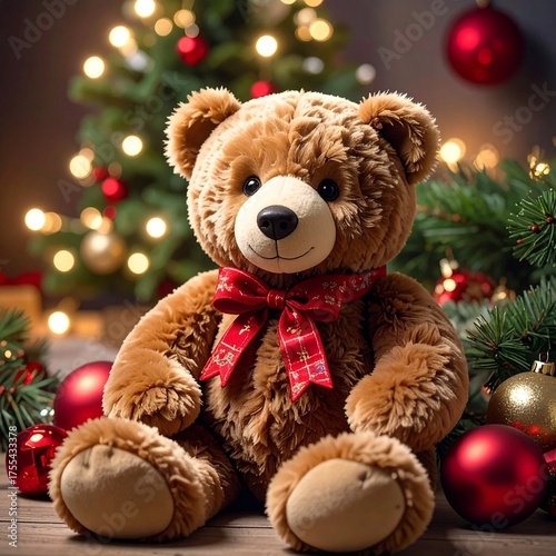 Classic Teddy Bear Sitting by a Christmas Tree with Bokeh Lights