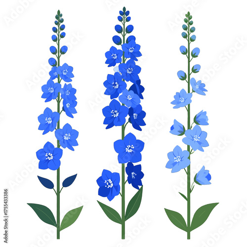 Three Pixel Art Blue Delphinium Flowers on White Background