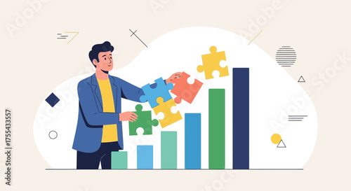 Teamwork Combines Puzzle Pieces Creating Growing Chart, Achieving Business Goals, and Success