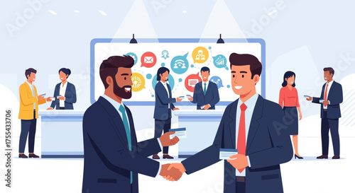 Businesspeople Exchange Cards And Handshake, Communication Icons On The Screen