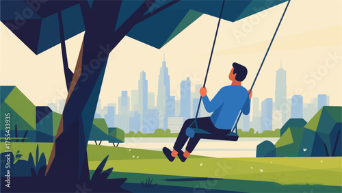 Illustration Of Individual Enjoying A Quiet Moment On A Swing Overlooking A City Skyline From A Park Vector Design Template