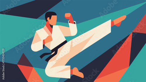 Illustration Of Martial Artist Performing A High Kick, Showing Agility And Strength Vector Design Template