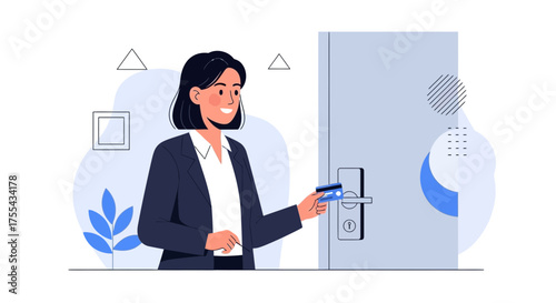 Businesswoman Uses Card Near Door, Portraying Access, Security, And Modern Technology