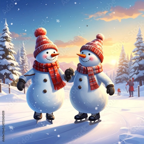 Cheerful Snowmen Ice Skating in a Mountain Landscape