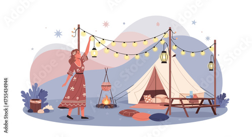 Camping Under The Stars Featuring A Woman Decorating With Lanterns And A Cozy Tent