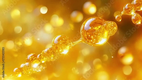 Abstract Golden Molecular Chain Structure in Bokeh Light. Concept of Chemistry Scientific Research Skincare Serum Oil Essence or Nutritional Supplement.