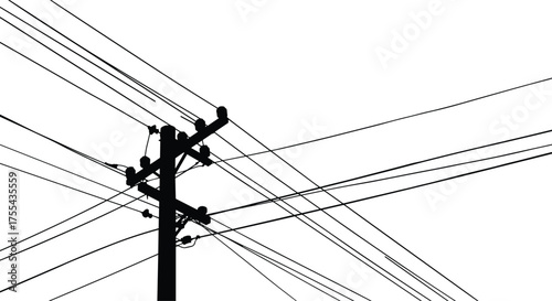 Electric power pole silhouette with multiple wires, urban utility structure illustration, energy distribution network design, electricity infrastructure vector for industrial and city concepts