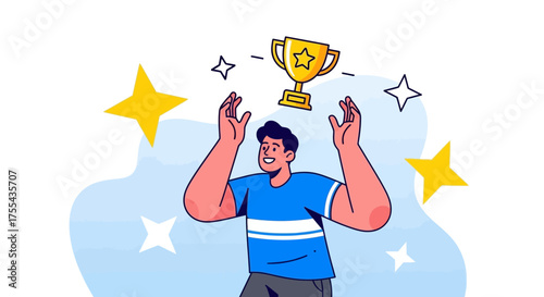 Celebrating Achievement: A Joyful Man Catching a Trophy, Winning and Success Concept