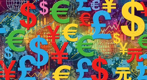 A vibrant collage of global currency symbols, including the dollar, euro, yen, and pound, overlaid on a background of financial charts and world maps.