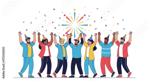Celebratory Crowd Raising Hands Under Confetti And A Burst of Fireworks Illustration