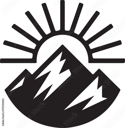 Mountain range with sun rising behind it isolated on white background in black and white