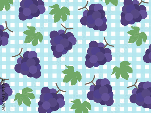 紫色のぶどうと葉の可愛いチェック柄背景パターン