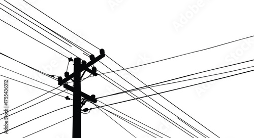 Electric power pole with multiple overhead cables silhouette, energy distribution infrastructure illustration, urban electricity network, utility power line connection vector design