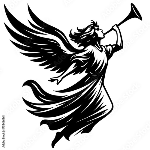 Angel blowing trumpet with wings silhouette. Heavenly messenger with flowing robes and horn. 
