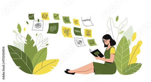 Woman Reading Book Surrounded By Foliage And Notes Capturing Intellectual Pursuits