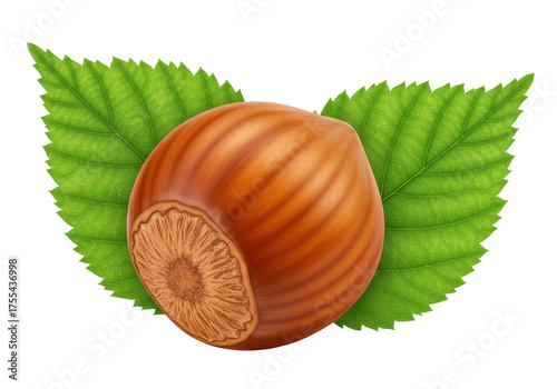 Single Hazelnut with Green Leaves  isolated on transparent png