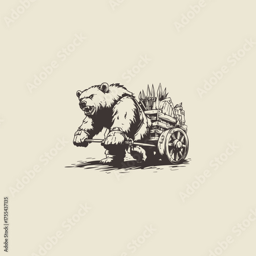 A detailed vintage illustration of an anthropomorphic bear pulling a heavy wooden cart filled with supplies, including spears and sacks